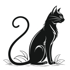 Stylized Black Cat Silhouette, Sitting Elegantly with Curled Tail and Leaf Accents