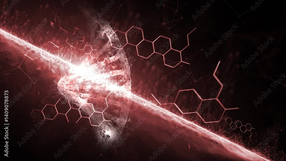 Poster artistic science red molecula and dna chain animation.m