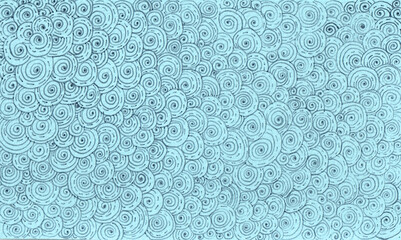 Pattern of spirals of different sizes. Spirals are drawn with thin gray lines and dashed lines. Touching. Background in indigo blue. Ornament.