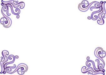 Frame. In each corner of the background there are patterns consisting of curls and rounded shapes. Different shades of dirty purple and pink. Drawing with colored pencils and markers. White copy space