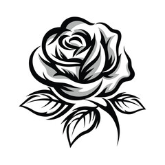 Stylized Rose Blossom with Leaves, Black and White Floral Design on Plain Background