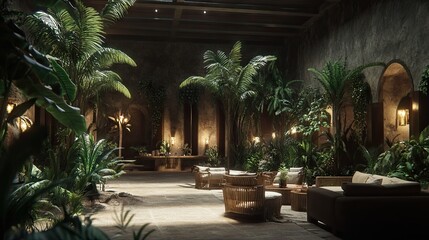 Lush interior courtyard, a tropical oasis within a rustic structure.