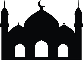 Islamic Mosque Silhouette Vector – Traditional Black Mosque Icon with Crescent Domes for Eid, Ramadan & Religious Designs