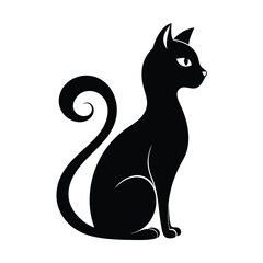 Stylized Silhouette of Seated Black Cat With Curled Tail Isolated on White Background