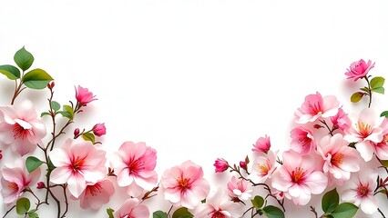 Naklejka premium Pink Cherry Blossom Border With Fresh Spring Flowers On White