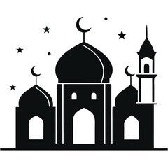 Islamic Mosque Silhouette Vector – Traditional Black Mosque Icon with Crescent Domes for Eid, Ramadan & Religious Designs