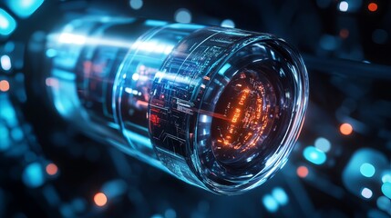 Futuristic technology abstract design with blue and orange glowing circuits 3d data dark light glass