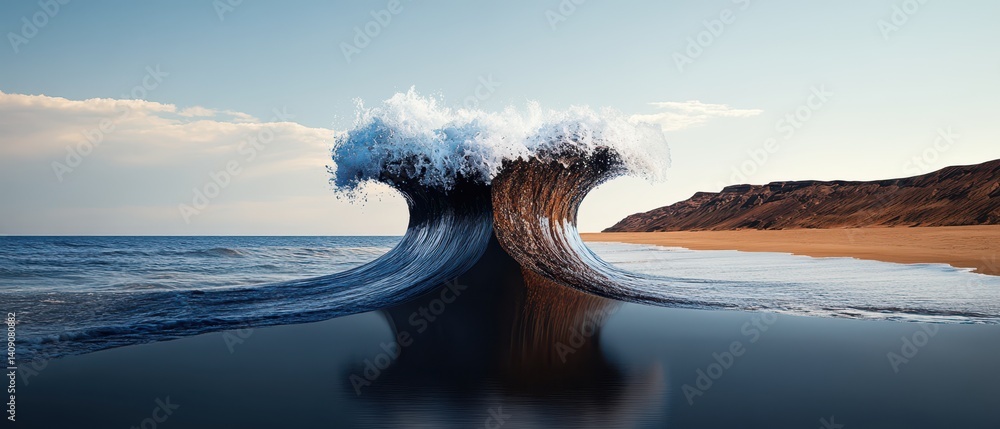 Poster wave crashing on the shore with a mountain backdrop creating a serene beach scene.