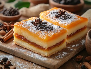 Two sweet orange cake bars topped with powdered sugar and spices sit on a wooden board. The warm lighting and inviting textures make them perfect for food blogs and dessert menus.