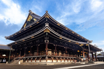 Main hall of Higashi Hongan-Ji temple in Kyoto, Japan. It is the largest wooden building in Kyoto, and one of the largest in the world. 
