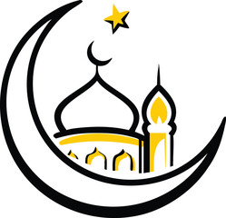 Colorful Mosque Vector Illustration – Islamic Crescent Moon and Star with Mosque Outline for Eid and