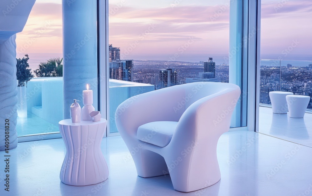 Poster a white chair and table are positioned in front of a window, creating a cozy atmosphere.