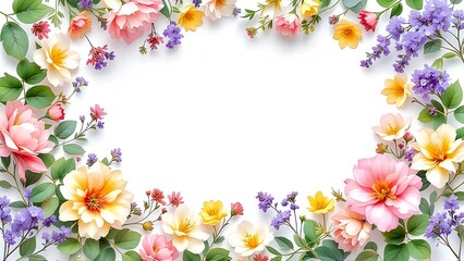 Romantic Spring Flower Border Frame With Pastel Blooms On White