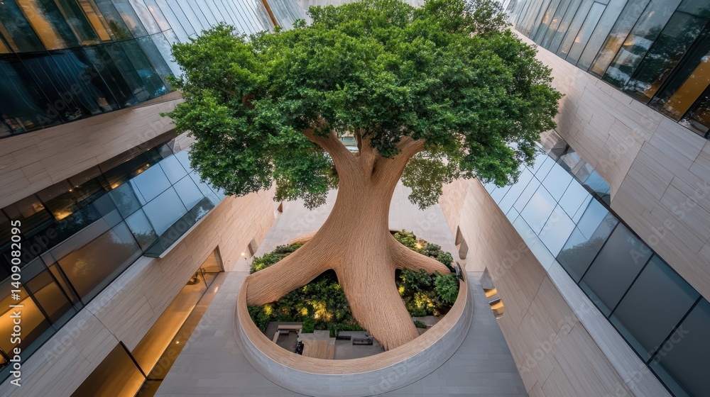 Poster a tree thrives in a planter inside a modern building space.