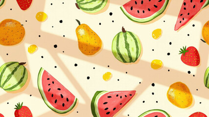 Bright summer background with watermelons and tropical leaves for refreshing vibes
