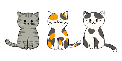 Collection of cute striped cat, tricolor cat and spotted cat, vector illustrations on white background