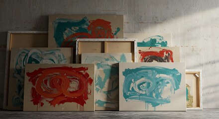 Abstract Canvas Paintings: Vibrant Teal and Red Strokes