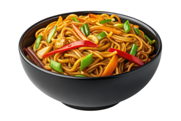 A black bowl filled with chow mein noodles and colorful vegetables on a black background image