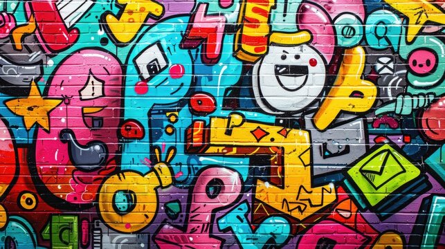 a colorful grafiti wall with virbrant cartoonish characters spaced out. To be used as website background 
