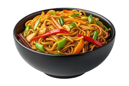 A black bowl filled with chow mein noodles and colorful vegetables on a black background image