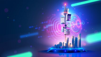 5g cell network communication tower or antenna transmits wireless signal on smart city. Cellular high speed internet. 5g or 6g telecommunication technology. Cellular Antenna for wireless network.