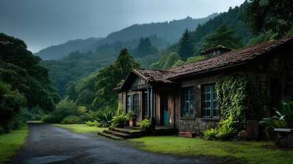 Fototapeta premium Peaceful rustic cottage nestled in misty mountain valley