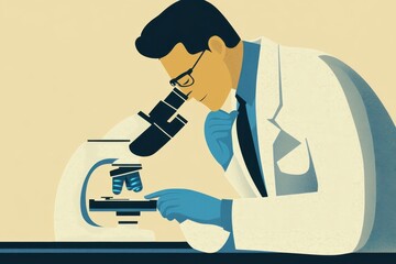 Scientist in Lab Coat Examining Sample Under Microscope with Focus