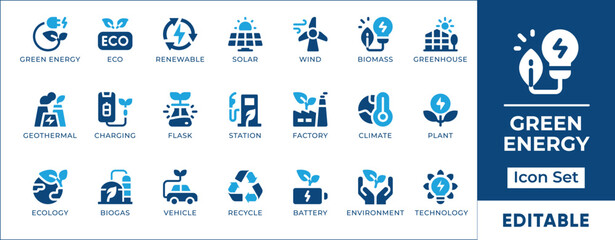 Green energy icon set with renewable power, solar panels, wind turbines, eco efficiency, sustainability, and clean technology symbols for environmental, corporate, and energy projects.