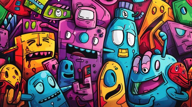 a colorful grafiti wall with virbrant cartoonish characters spaced out. To be used as website background 