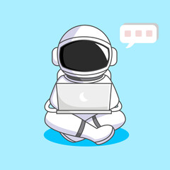Astronaut Working on Laptop in Space with Chat Bubble Vector Illustration Cartoon Design