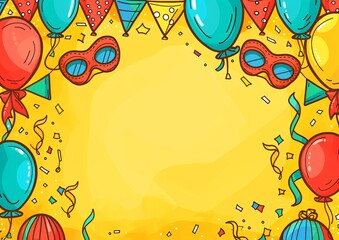 Obraz premium Carnival party card masks balloons and ribbons in colorful doodle layout open space for text