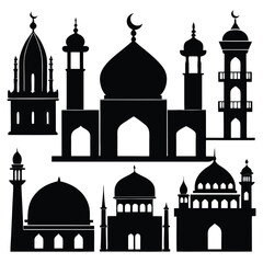 Islamic Mosque Silhouette Vector Set – Collection of Traditional Mosque Icons and Minaret Illustrations