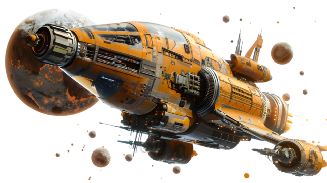 Exploration cargo spacecraft passing by vibrant alien planets in the deep space background