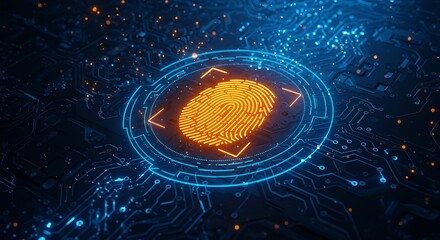 Glowing fingerprint scan surrounded by a blue digital interface on a dark circuit board background