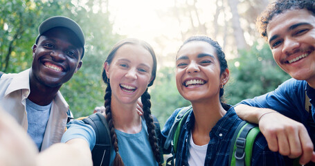 Hiking, selfie and portrait of people in nature for adventure, trekking and backpacking on holiday. Mountain, friends and men and women take picture for social media, travel memory and photograph