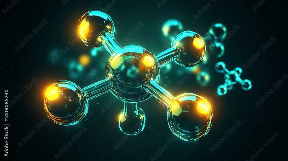 Poster abstract glowing teal molecule structure science background image 3d art atoms bonds light shiny