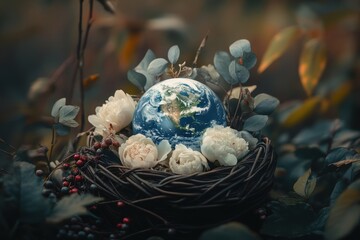 Earth nestled in a delicate floral nest amidst nature.