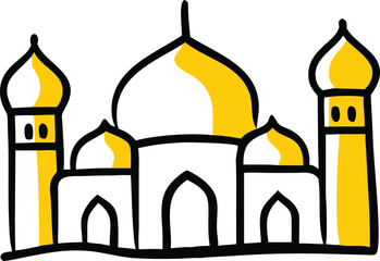 Colorful Mosque Vector Illustration – Islamic Crescent Moon and Star with Mosque Outline for Eid and