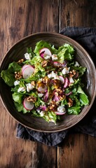 Vibrant spring salad with goat cheese, radishes, and walnuts on rustic plate in natural light