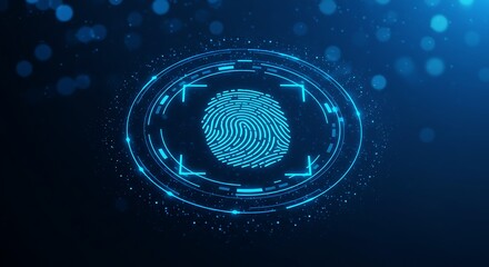 A glowing blue fingerprint scan inside a circular interface on a dark blue background with bokeh lights
