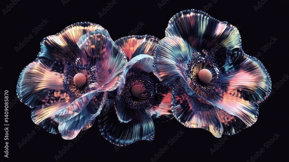 Poster three vibrant, abstract flowers display intricate patterns and colors against a dark backdrop, creat