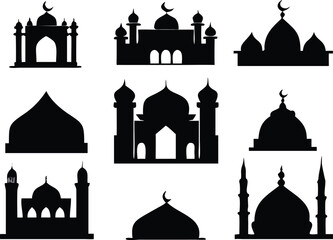 Islamic Mosque Silhouette Vector Set – Collection of Traditional Mosque Icons and Minaret Illustrations