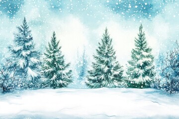 A tranquil winter scene features lush evergreen trees blanketed in snow under a soft snowfall against a pale blue sky