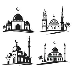 Islamic Mosque Silhouette Vector Set – Collection of Traditional Mosque Icons and Minaret Illustrations