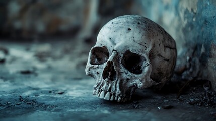 Skull On Concrete Floor Inside A Decaying Structure Showing Texture And Shadow With Gloomy Lighting