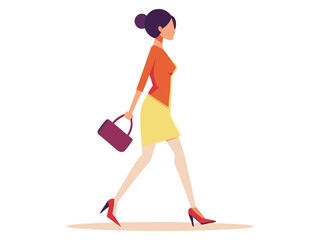 Woman in orange top and yellow skirt walking with a handbag
