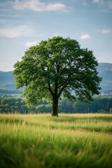 Fototapeta premium arafed tree in a field with mountains in the background