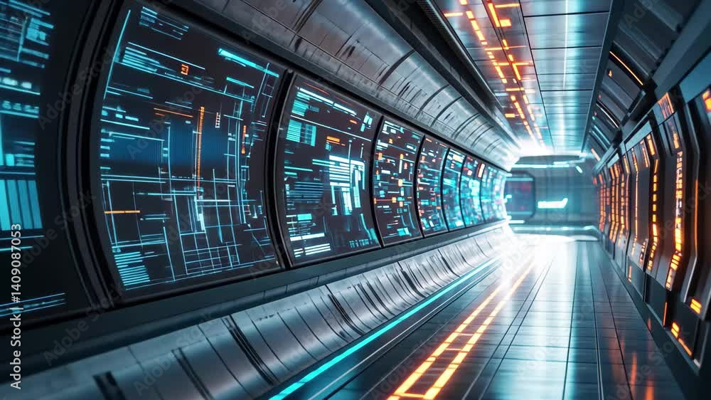 Poster futuristic hallway with glowing screens navigating through a high-tech environment, a futuristic hal