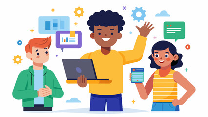 A teenager proudly shows off the finished project to their friends who helped collaborate on the coding and design aspects.. Vector illustration