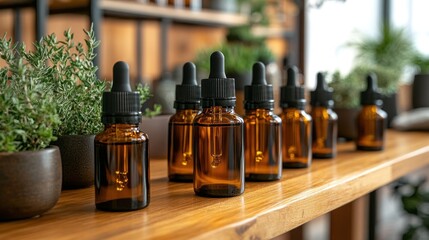 Amber Essential Oil Bottles with Herbs, Wellness Products Display